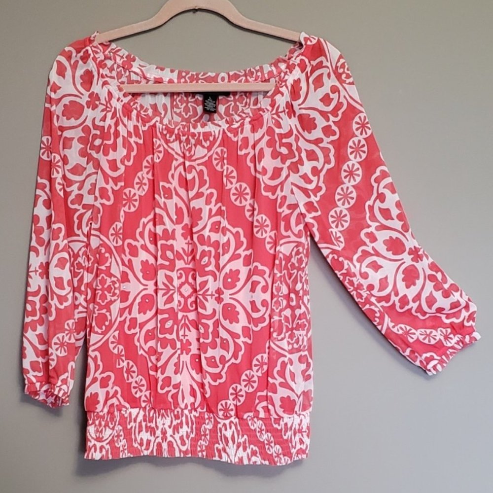 BEAUTIFUL "INC" BOHO CORAL 3/4 SLEEVE BLOUSE